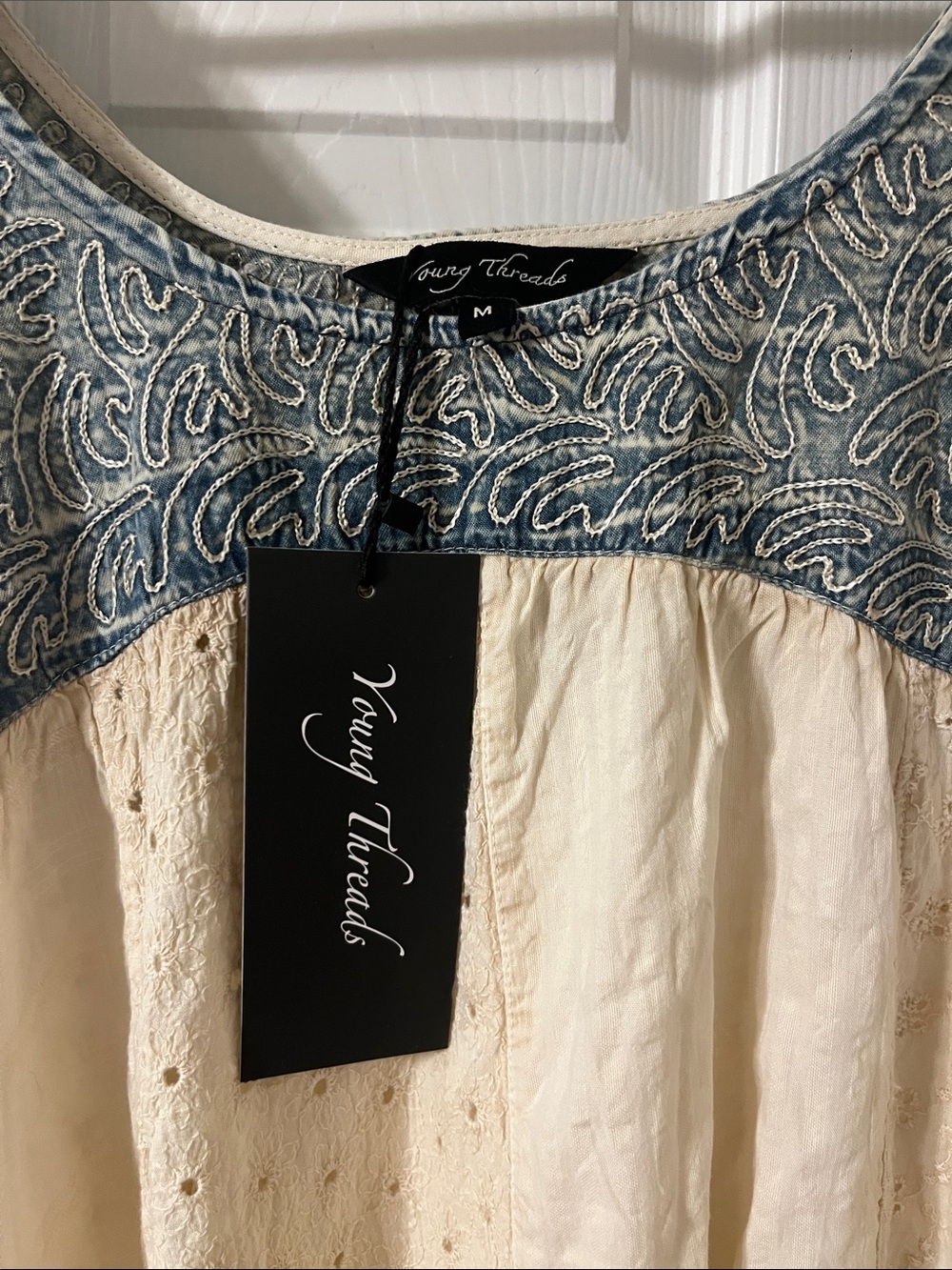 Sleeveless Cream Eyelet Sundress with Blue Embroidered Yoke Size M - Picture 2 of 4